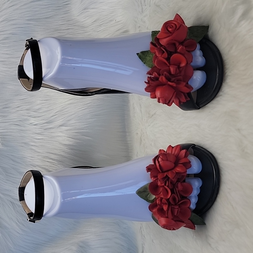 SAM EDELMAN Yaro Black Leather Red Rosette Open Toe Party Block Heel Sandals 7.5 - Picture 2 of 16